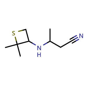 Chemical structure of 3-((2,2-dimethylthietan-3-yl)amino)butanenitrile , CAS 1864356-24-0, AChemBlock Q58978