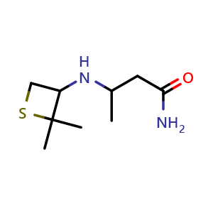 Chemical structure of 3-((2,2-dimethylthietan-3-yl)amino)butanamide , CAS 1872827-14-9, AChemBlock Q58982