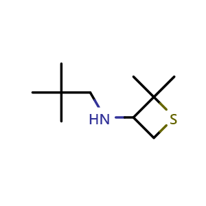 Chemical structure of 2,2-dimethyl-N-neopentylthietan-3-amine , CAS 1870928-81-6, AChemBlock Q58992