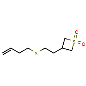 Chemical structure of 3-(2-(but-3-en-1-ylthio)ethyl)thietane 1,1-dioxide , CAS 1862841-19-7, AChemBlock Q58996