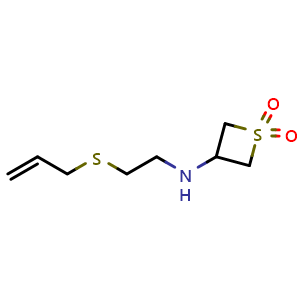 Chemical structure of 3-((2-(allylthio)ethyl)amino)thietane 1,1-dioxide , CAS 1865111-44-9, AChemBlock Q58997