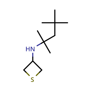 Chemical structure of N-(2,4,4-trimethylpentan-2-yl)thietan-3-amine , CAS 1865126-29-9, AChemBlock Q59016
