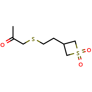 Chemical structure of 1-((2-(1,1-dioxidothietan-3-yl)ethyl)thio)propan-2-one , CAS 1863147-45-8, AChemBlock Q59017