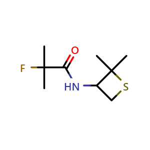 Chemical structure of N-(2,2-Dimethylthietan-3-yl)-2-fluoro-2-methylpropanamide , CAS 1865037-65-5, AChemBlock Q59020