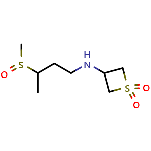 Chemical structure of 3-((3-(methylsulfinyl)butyl)amino)thietane 1,1-dioxide , CAS 1854247-77-0, AChemBlock Q59037