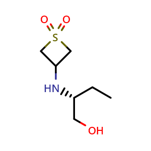 Chemical structure of (R)-3-((1-hydroxybutan-2-yl)amino)thietane 1,1-dioxide , CAS 1867542-11-7, AChemBlock Q59040