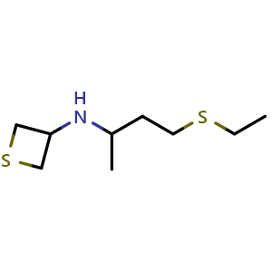 Chemical structure of N-(4-(ethylthio)butan-2-yl)thietan-3-amine , CAS 1856797-18-6, AChemBlock Q59053