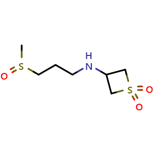 Chemical structure of 3-((3-(methylsulfinyl)propyl)amino)thietane 1,1-dioxide , CAS 1862703-67-0, AChemBlock Q59060