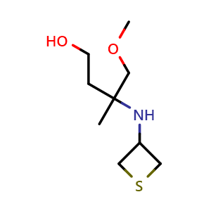 Chemical structure of 4-methoxy-3-methyl-3-(thietan-3-ylamino)butan-1-ol , CAS 1851170-86-9, AChemBlock Q59066