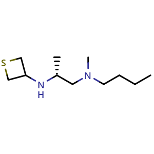 Chemical structure of (R)-N1-butyl-N1-methyl-N2-(thietan-3-yl)propane-1,2-diamine , CAS 1867466-55-4, AChemBlock Q59075