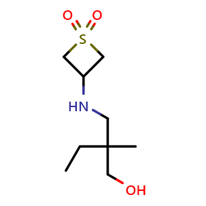 Chemical structure of 3-((2-(hydroxymethyl)-2-methylbutyl)amino)thietane 1,1-dioxide , CAS 1866496-64-1, AChemBlock Q59080