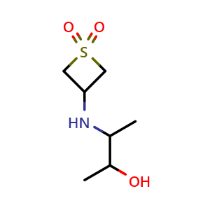 Chemical structure of 3-((3-hydroxybutan-2-yl)amino)thietane 1,1-dioxide , CAS 1862057-75-7, AChemBlock Q59100