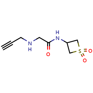 Chemical structure of N-(1,1-dioxidothietan-3-yl)-2-(prop-2-yn-1-ylamino)acetamide , CAS 1862059-53-7, AChemBlock Q59111