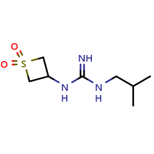 Chemical structure of 1-(1,1-dioxidothietan-3-yl)-3-isobutylguanidine , CAS 1854356-62-9, AChemBlock Q59115