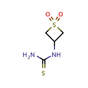 Chemical structure of 1-(1,1-dioxidothietan-3-yl)thiourea , CAS 1853051-32-7, AChemBlock Q59117