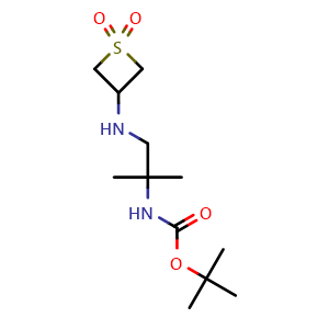 Chemical structure of tert-butyl (1-((1,1-dioxidothietan-3-yl)amino)-2-methylpropan-2-yl)carbamate , CAS 1852709-54-6, AChemBlock Q59125