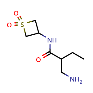 Chemical structure of 2-(aminomethyl)-N-(1,1-dioxidothietan-3-yl)butanamide , CAS 1853123-88-2, AChemBlock Q59130