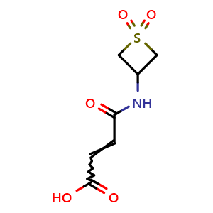 Chemical structure of 4-((1,1-dioxidothietan-3-yl)amino)-4-oxobut-2-enoic acid , CAS 1868036-91-2, AChemBlock Q59133