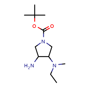 Chemical structure of tert-butyl 3-amino-4-(ethyl(methyl)amino)pyrrolidine-1-carboxylate , CAS 1305711-20-9, AChemBlock Q59214