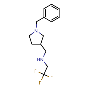 Chemical structure of N-((1-benzylpyrrolidin-3-yl)methyl)-2,2,2-trifluoroethan-1-amine , CAS 91189-09-2, AChemBlock Q59255