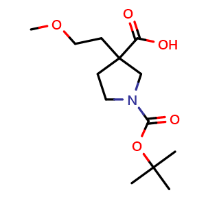 Chemical structure of 1-(tert-butoxycarbonyl)-3-(2-methoxyethyl)pyrrolidine-3-carboxylic acid , CAS 1281549-47-0, AChemBlock Q59262