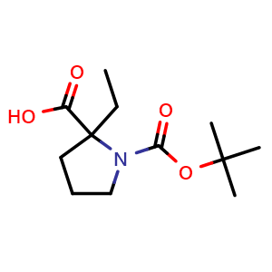 Chemical structure of 1-(tert-butoxycarbonyl)-2-ethylpyrrolidine-2-carboxylic acid , CAS 1245642-77-6, AChemBlock Q59287