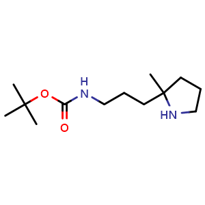 Chemical structure of tert-butyl (3-(2-methylpyrrolidin-2-yl)propyl)carbamate , CAS 1427380-02-6, AChemBlock Q59295