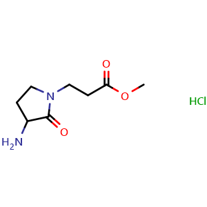 Chemical structure of methyl 3-(3-amino-2-oxopyrrolidin-1-yl)propanoate hydrochloride , CAS 1427378-56-0, AChemBlock Q59315