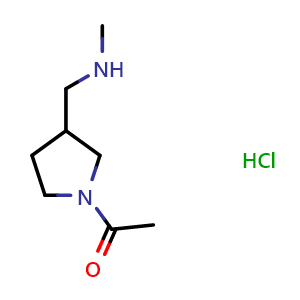 Chemical structure of 1-(3-((methylamino)methyl)pyrrolidin-1-yl)ethan-1-one hydrochloride , CAS 1423032-06-7, AChemBlock Q59337