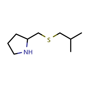 Chemical structure of 2-((isobutylthio)methyl)pyrrolidine , CAS 1249651-25-9, AChemBlock Q59437