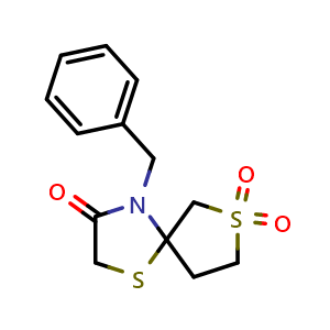 Chemical structure of 4-benzyl-1,7-dithia-4-azaspiro[4.4]nonan-3-one 7,7-dioxide , CAS 879641-96-0, AChemBlock Q59446