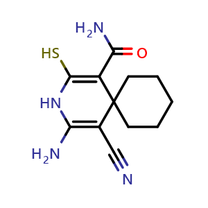 Chemical structure of 4-amino-5-cyano-2-mercapto-3-azaspiro[5.5]undeca-1,4-diene-1-carboxamide , CAS 885460-90-2, AChemBlock Q59483