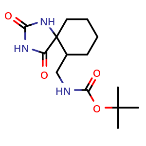 Chemical structure of tert-butyl ((2,4-dioxo-1,3-diazaspiro[4.5]decan-6-yl)methyl)carbamate , CAS 1354950-10-9, AChemBlock Q59540