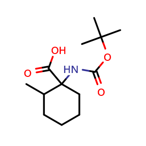 Chemical structure of 1-((tert-butoxycarbonyl)amino)-2-methylcyclohexane-1-carboxylic acid , CAS 1292818-11-1, AChemBlock Q59541