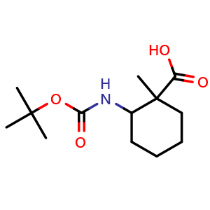 Chemical structure of 2-((tert-butoxycarbonyl)amino)-1-methylcyclohexane-1-carboxylic acid , CAS 1432679-44-1, AChemBlock Q59552