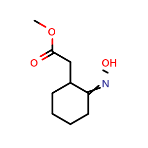 Chemical structure of methyl 2-(2-(hydroxyimino)cyclohexyl)acetate , CAS 17448-49-6, AChemBlock Q59571