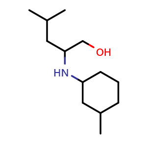 Chemical structure of 4-methyl-2-((3-methylcyclohexyl)amino)pentan-1-ol , CAS 1249262-23-4, AChemBlock Q59772