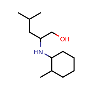 Chemical structure of 4-methyl-2-((2-methylcyclohexyl)amino)pentan-1-ol , CAS 1247472-83-8, AChemBlock Q59774