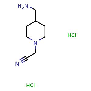 Chemical structure of 2-(4-(aminomethyl)piperidin-1-yl)acetonitrile dihydrochloride , CAS 1354953-43-7, AChemBlock Q59839