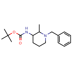 Chemical structure of tert-butyl (1-benzyl-2-methylpiperidin-3-yl)carbamate , CAS 1315366-36-9, AChemBlock Q59873