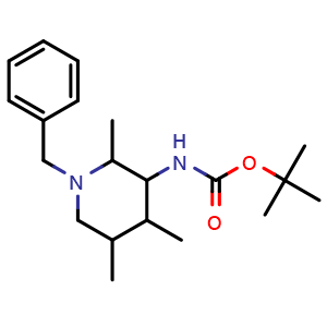 Chemical structure of tert-butyl (1-benzyl-2,4,5-trimethylpiperidin-3-yl)carbamate , CAS 1315365-88-8, AChemBlock Q59875