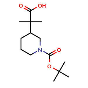 Chemical structure of 2-(1-(tert-butoxycarbonyl)piperidin-3-yl)-2-methylpropanoic acid , CAS 1427379-03-0, AChemBlock Q59900
