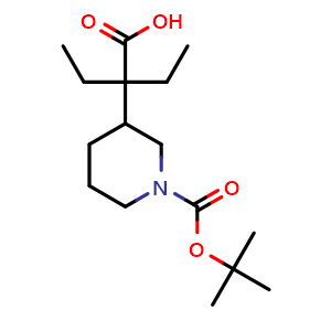 Chemical structure of 2-(1-(tert-butoxycarbonyl)piperidin-3-yl)-2-ethylbutanoic acid , CAS 1427379-66-5, AChemBlock Q59911