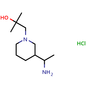 Chemical structure of 1-(3-(1-aminoethyl)piperidin-1-yl)-2-methylpropan-2-ol hydrochloride , CAS 1443980-44-6, AChemBlock Q59966