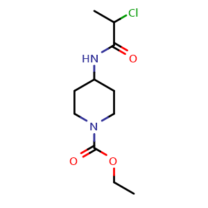 Chemical structure of ethyl 4-(2-chloropropanamido)piperidine-1-carboxylate , CAS 1017091-61-0, AChemBlock Q59972