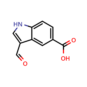 Chemical structure of 3-formyl-1H-indole-5-carboxylic acid , CAS 148563-41-1, AChemBlock Q60098