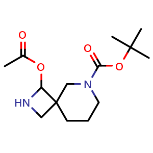 Chemical structure of tert-butyl 1-acetoxy-2,6-diazaspiro[3.5]nonane-6-carboxylate , CAS 1620516-23-5, AChemBlock Q60134