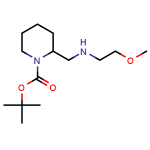 Chemical structure of tert-butyl 2-(((2-methoxyethyl)amino)methyl)piperidine-1-carboxylate , CAS 887588-49-0, AChemBlock Q60147