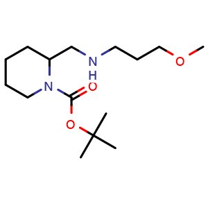 Chemical structure of tert-butyl 2-(((3-methoxypropyl)amino)methyl)piperidine-1-carboxylate , CAS 887588-54-7, AChemBlock Q60149