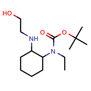Chemical structure of tert-butyl ethyl(2-((2-hydroxyethyl)amino)cyclohexyl)carbamate , CAS 1353955-96-0, AChemBlock Q60158